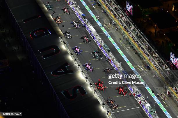 General view over the grid preparations showing Pole position qualifier Sergio Perez of Mexico and Oracle Red Bull Racing preparing to start the race...