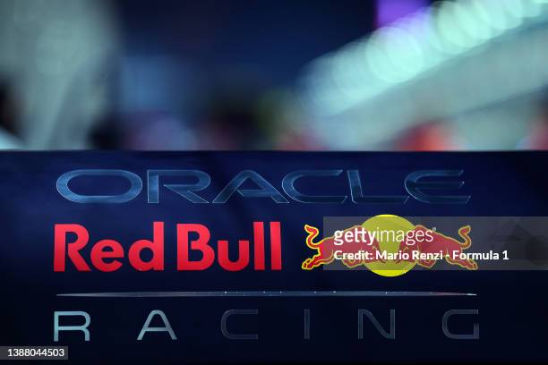 Detail view of a Red Bull Racing logo during the F1 Grand Prix of Saudi Arabia at the Jeddah Corniche Circuit on March 27, 2022 in Jeddah, Saudi...