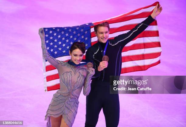 Bronze medallists Madison Chock and Evan Bates of the United States during the Ice Dance medal ceremony on day 4 of the ISU World Figure Skating...