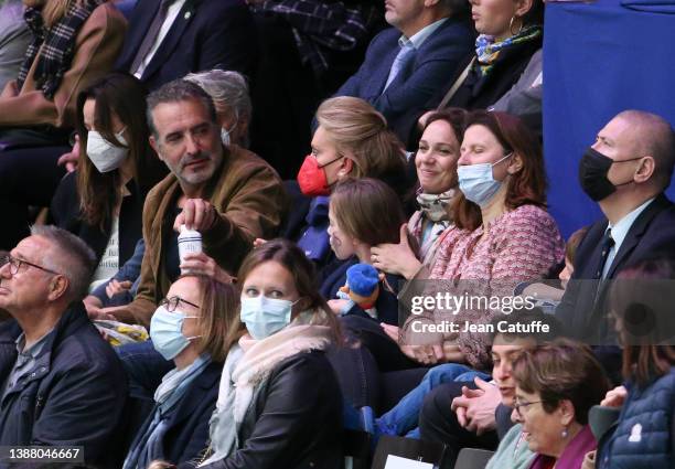 Actor Jean Dujardin, ISU Figure Skating Council Member Maria Teresa Samaranch, President of FFSG French Federation of Sports on Ice Nathalie...