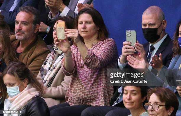 Actor Jean Dujardin, Roxana Maracineanu, French Minister of Sports attend the Gold medal of Gabriella Papadakis and Guillaume Cizeron of France in...
