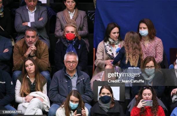 Actor Jean Dujardin, ISU Figure Skating Council Member Maria Teresa Samaranch, President of FFSG French Federation of Sports on Ice Nathalie...