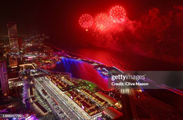 Fireworks are pictured over the circuit during the F1 Grand Prix of Saudi Arabia at the Jeddah Corniche Circuit on March 27, 2022 in Jeddah, Saudi...