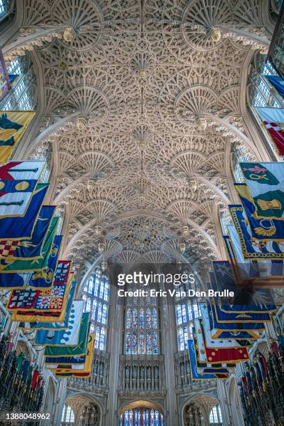 westminster abbey ceiling with flags - eric van den brulle stock pictures, royalty-free photos & images