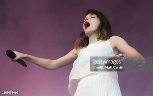 Lauren Mayberry of the band Chvrches perform during the 2016 Glastonbury Festival held at Worthy Farm, in Pilton near Glastonbury on June 25, 2016 in...