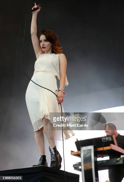 Lauren Mayberry of the band Chvrches perform during the 2016 Glastonbury Festival held at Worthy Farm, in Pilton near Glastonbury on June 25, 2016 in...