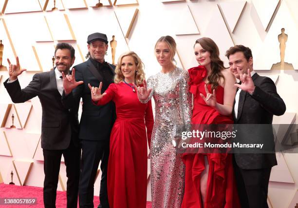 Eugenio Derbez, Troy Kotsur, Marlee Matlin, Sian Heder, Amy Forsyth and Daniel Durant attend the 94th Annual Academy Awards at Hollywood and Highland...