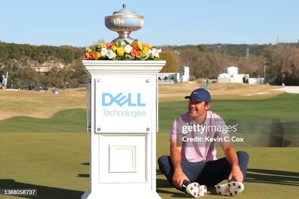 Scottie Scheffler of the United States takes a moment before being presented the Walter Hagen Cup after defeating Kevin Kisner of the United States...