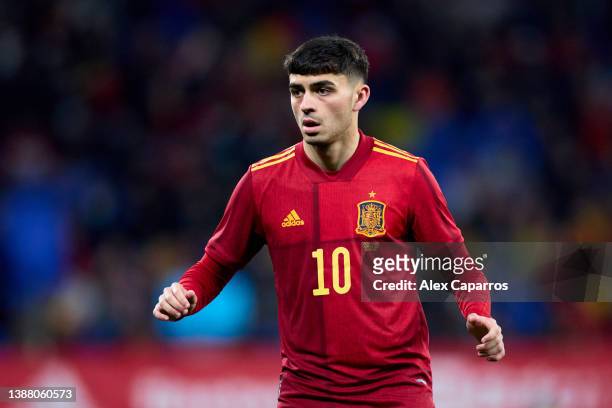 Pedro Gonzalez 'Pedri' of Spain looks on during the international friendly match between Spain and Albania at RCDE Stadium on March 26, 2022 in...