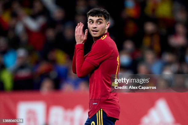 Pedro Gonzalez 'Pedri' of Spain reacts during the international friendly match between Spain and Albania at RCDE Stadium on March 26, 2022 in...