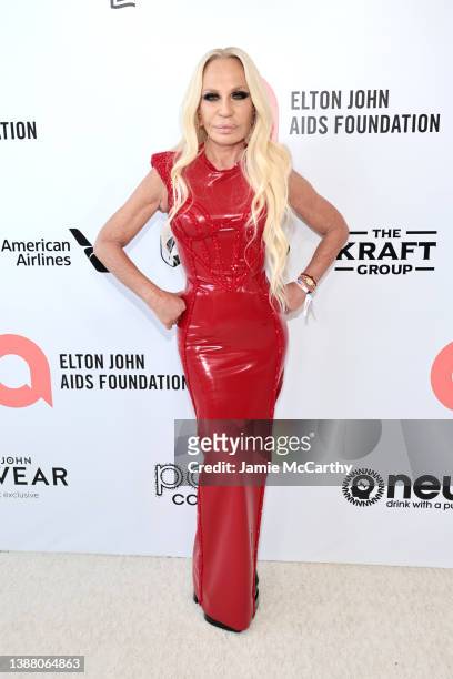 Donatella Versace attends the Elton John AIDS Foundation's 30th Annual Academy Awards Viewing Party on March 27, 2022 in West Hollywood, California.