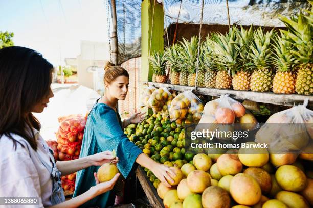 medium wide shot of female friends shopping at fruit stand while on vacation - medium group of objects - fotografias e filmes do acervo