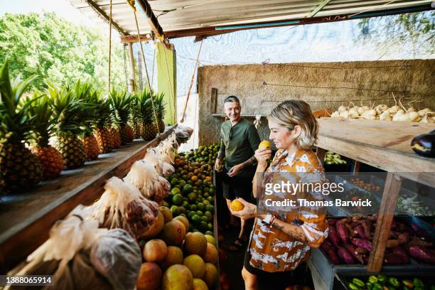 wide shot of smiling woman smelling fruit while  shopping at local market during vacation - turismo ecológico fotografías e imágenes de stock