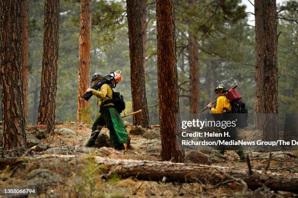 Firefighters head into the woods to cut line as the NCAR fire continues to burn in the foothills south of the National Center for Atmospheric...