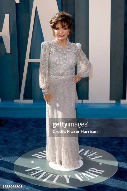 Joan Collins attends the 2022 Vanity Fair Oscar Party hosted by Radhika Jones at Wallis Annenberg Center for the Performing Arts on March 27, 2022 in...