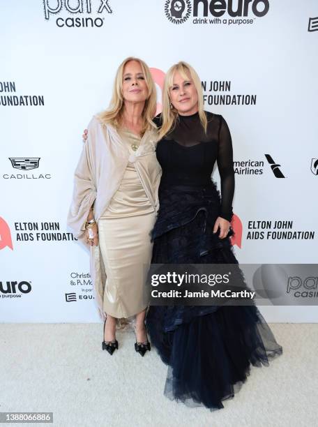 Rosanna Arquette and Patricia Arquette attend the Elton John AIDS Foundation's 30th Annual Academy Awards Viewing Party on March 27, 2022 in West...