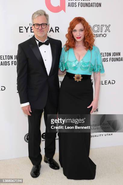George Bianchini and Christina Hendricks attend Elton John AIDS Foundation's 30th Annual Academy Awards Viewing Party on March 27, 2022 in West...