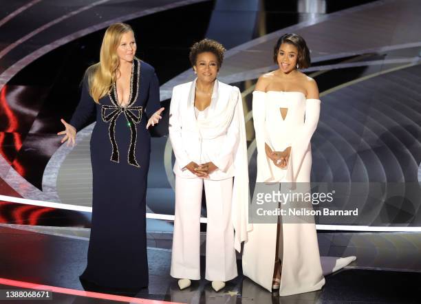 Co-hosts Amy Schumer, Wanda Sykes, and Regina Hall speak onstage during the 94th Annual Academy Awards at Dolby Theatre on March 27, 2022 in...