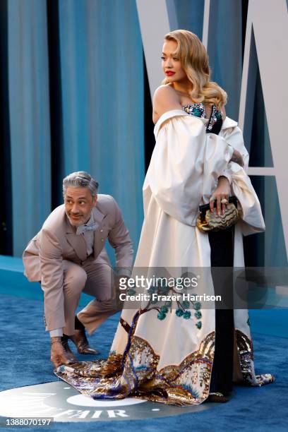 Taika Waititi and Rita Ora attend the 2022 Vanity Fair Oscar Party hosted by Radhika Jones at Wallis Annenberg Center for the Performing Arts on...