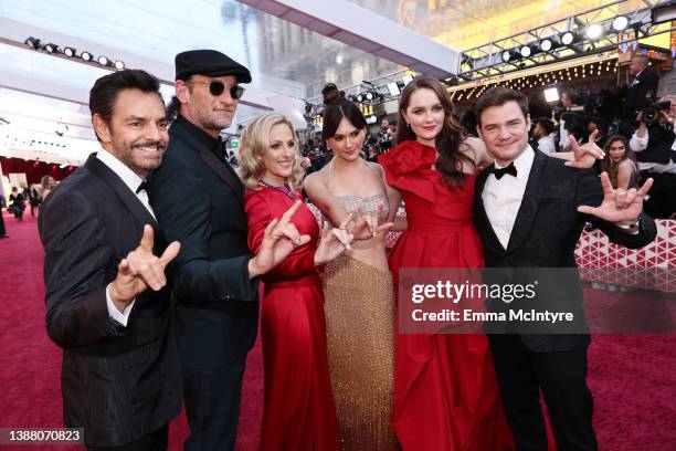 Eugenio Derbez, Troy Kotsur, Marlee Matlin, Emilia Jones, Amy Forsyth and Daniel Durant attend the 94th Annual Academy Awards at Hollywood and...