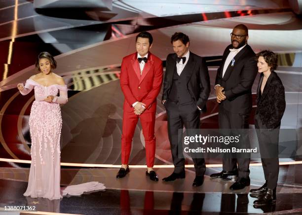 Co-host Regina Hall, Simu Liu, Bradley Cooper, Tyler Perry, and Timothée Chalamet are seen onstage during the 94th Annual Academy Awards at Dolby...