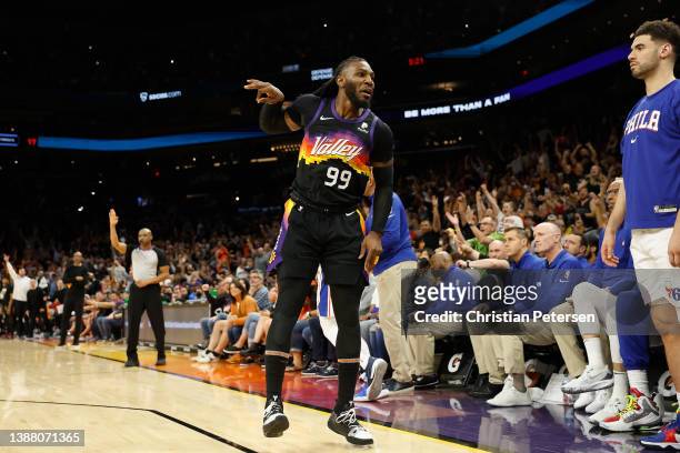 Jae Crowder of the Phoenix Suns reacts to a three-point shot against the Philadelphia 76ers during the second half of the NBA game at Footprint...