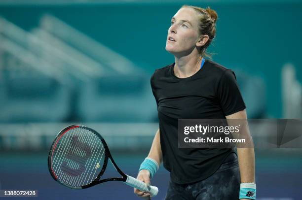 Madison Brengle of United States looks on during her match against Iga Swiatek of Poland during the 2022 Miami Open presented by Itaú at Hard Rock...