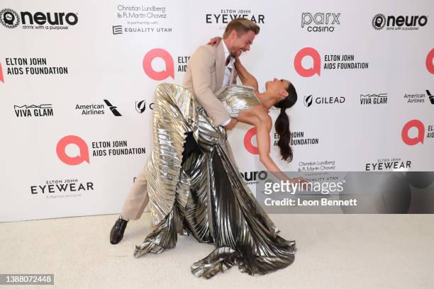Derek Hough and Hayley Erbert attend Elton John AIDS Foundation's 30th Annual Academy Awards Viewing Party on March 27, 2022 in West Hollywood,...