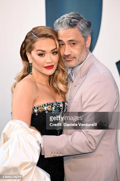 Rita Ora and Taika Waititi attend the 2022 Vanity Fair Oscar Party Hosted by Radhika Jones at Wallis Annenberg Center for the Performing Arts on...