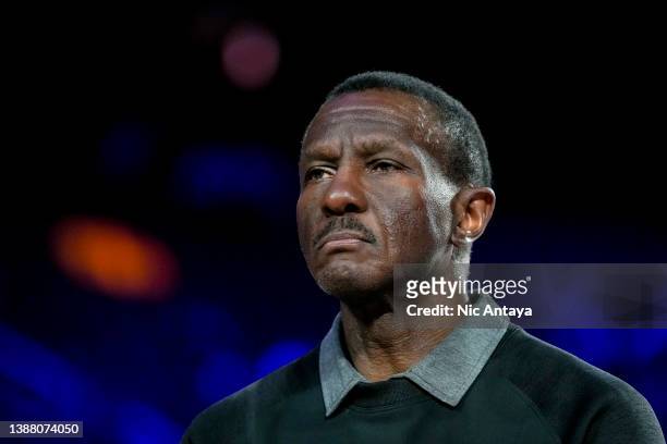 Head coach Dwane Casey of the Detroit Pistons looks on against the Portland Trail Blazers at Little Caesars Arena on March 21, 2022 in Detroit,...