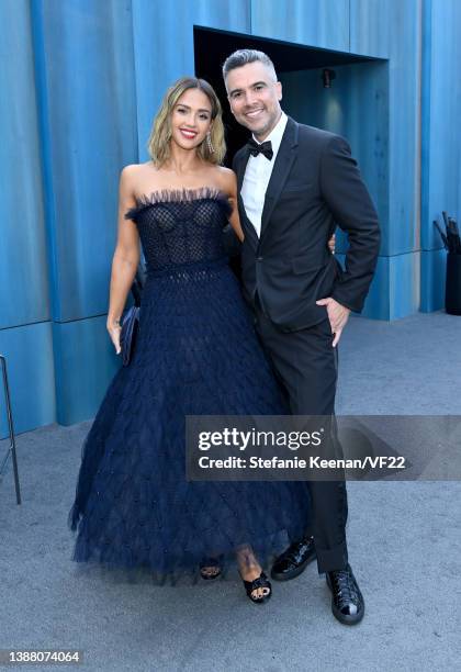 Jessica Alba and Cash Warren attend the 2022 Vanity Fair Oscar Party hosted by Radhika Jones at Wallis Annenberg Center for the Performing Arts on...