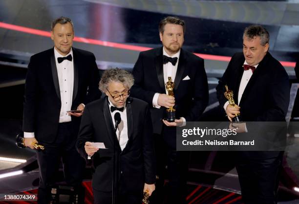 Brian Connor, Paul Lambert, Tristan Myles, and Gerd Nefzer accept the Visual Effects award for ‘Dune’ onstage during the 94th Annual Academy Awards...