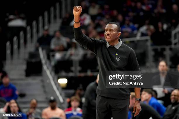 Head coach Dwane Casey of the Detroit Pistons reacts against the Portland Trail Blazers at Little Caesars Arena on March 21, 2022 in Detroit,...