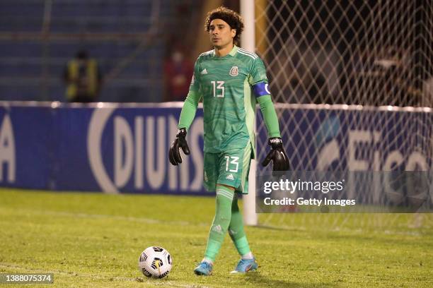 Guillermo Ochoa goalkeeper of Mexico controls the ball during the match between Honduras and Mexico as part of the Concacaf 2022 FIFA World Cup...