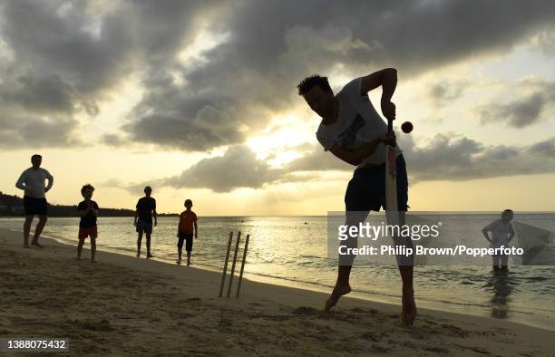 Tim Peach of the BBC takes part in a game of beach cricket at Grand Anse beach on March 27, 2022 in Grenada, Grenada.