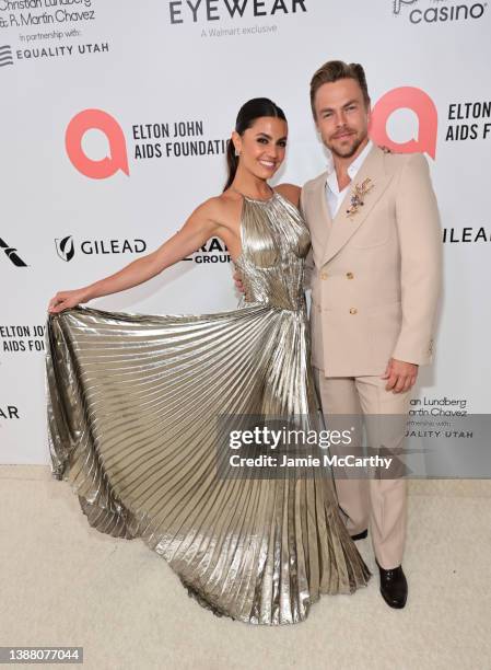 Hayley Erbert and Derek Hough attend Elton John AIDS Foundation's 30th Annual Academy Awards Viewing Party on March 27, 2022 in West Hollywood,...