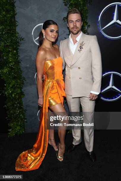 Derek Hough and Hayley Erbert attend the Mercedes-Benz Academy Awards Viewing Party at Four Seasons Hotel Los Angeles at Beverly Hills on March 27,...