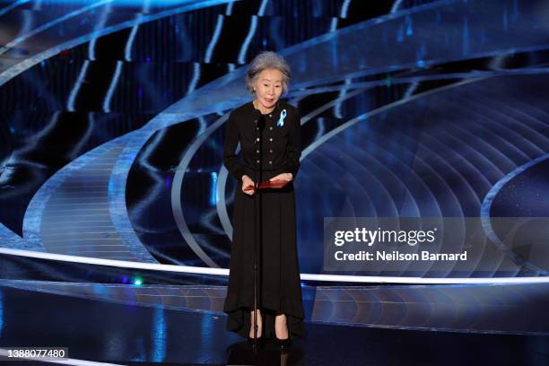 Youn Yuh-jung speaks onstage during the 94th Annual Academy Awards at Dolby Theatre on March 27, 2022 in Hollywood, California.