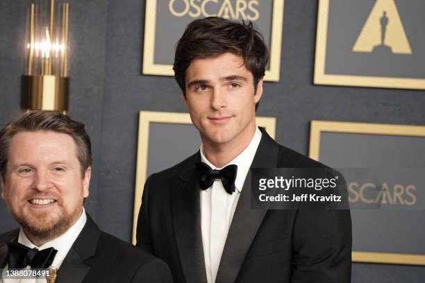 Tristan Myles winner of the award for best visual effects for "Dune," and Jacob Elordi pose in the press room during the 94th Annual Academy Awards...