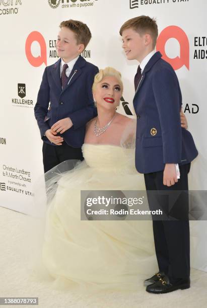 Elijah Joseph Daniel Furnish-John, Lady Gaga, and Zachary Jackson Levon Furnish-John attend Elton John AIDS Foundation's 30th Annual Academy Awards...