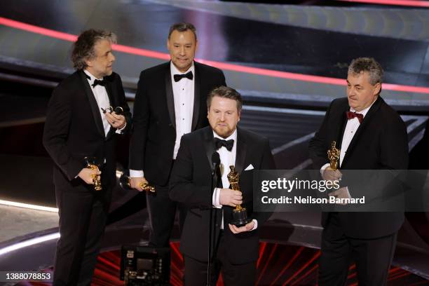 Paul Lambert, Brian Connor, Tristan Myles, and Gerd Nefzer accept the Visual Effects award for ‘Dune’ onstage during the 94th Annual Academy Awards...