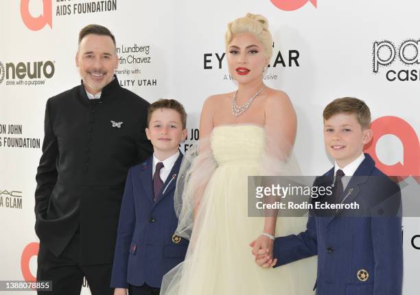 David Furnish, Elijah Joseph Daniel Furnish-John, Lady Gaga, and Zachary Jackson Levon Furnish-John attend Elton John AIDS Foundation's 30th Annual...