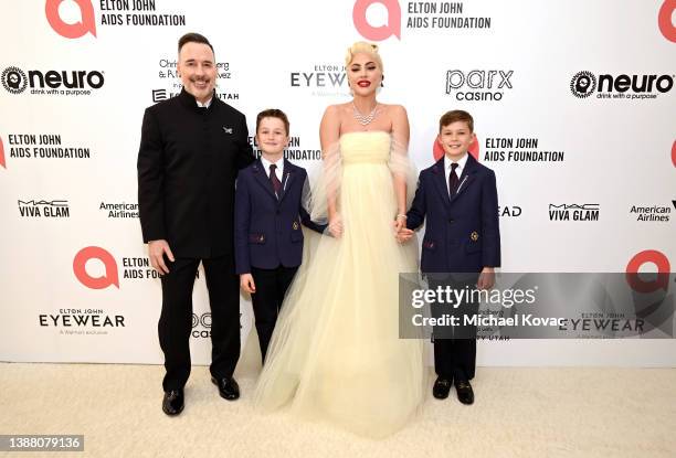 David Furnish, Chairman of EJAF, Elijah Joseph Daniel Furnish-John, Lady Gaga and Zachary Jackson Levon Furnish-John attend the Elton John AIDS...