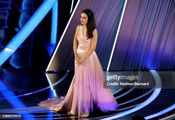 Mila Kunis speaks onstage during the 94th Annual Academy Awards at Dolby Theatre on March 27, 2022 in Hollywood, California.