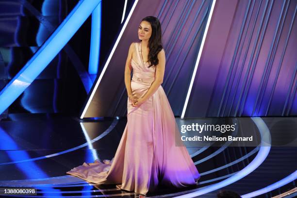 Mila Kunis speaks onstage during the 94th Annual Academy Awards at Dolby Theatre on March 27, 2022 in Hollywood, California.