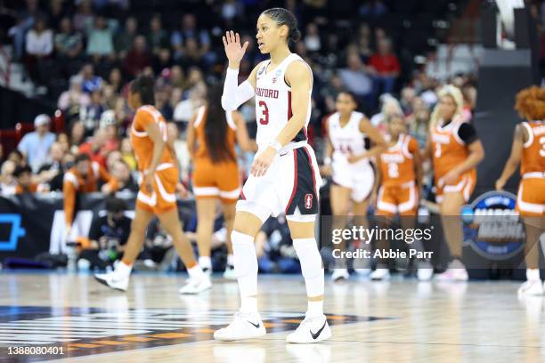 Anna Wilson of the Stanford Cardinal reacts as she walks to the bench during a timeout during the first half against the Texas Longhorns in the NCAA...