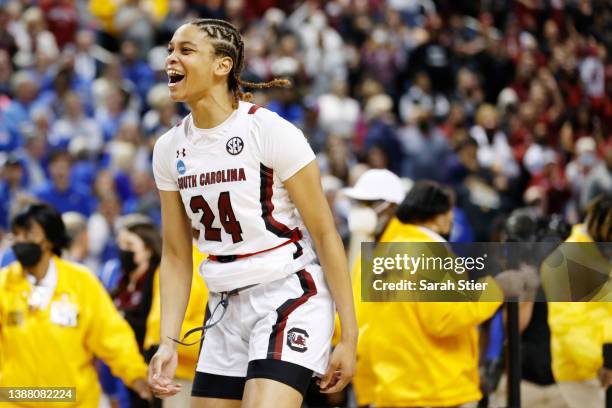 LeLe Grissett of the South Carolina Gamecocks celebrates after defeating the Creighton Bluejays, 80-50, in the second half in the NCAA Women's...
