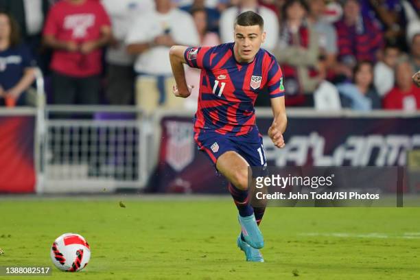 Giovanni Reyna of the United States moves towards the box during a FIFA World Cup qualifier game between Panama and USMNT at Exploria Stadium on...