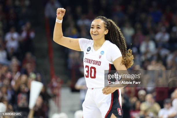 Haley Jones of the Stanford Cardinal reacts after a play during the second quarter against the Texas Longhorns in the NCAA Women's Basketball...