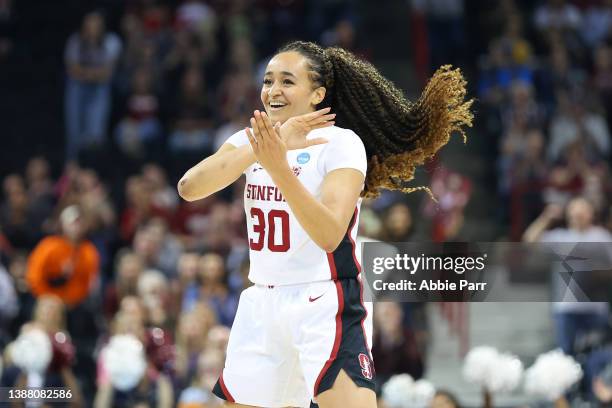 Haley Jones of the Stanford Cardinal reacts after a play during the second quarter against the Texas Longhorns in the NCAA Women's Basketball...